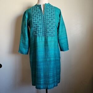 ZubaTextured Silk Indian Tunic Dress Embroidered Details In Turquoise Small